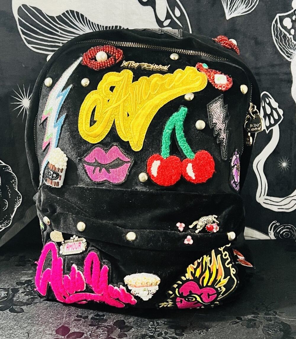 Betsey Johnson Embellished Punk Graffiti Backpack Black Rose Cherry Lips Studded